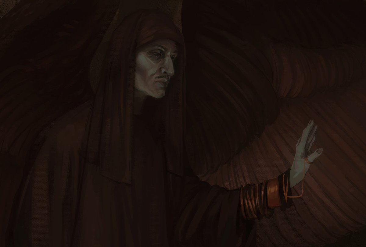 "It goes beyond dread. It can't be reasoned with or soothed over. It comes without warning, in the dead of night, in sunlit streets. A raw, strangling fear, struck somewhere deep past the heart."

A study\redraw of "Death and the Maiden" by Marianne Stokes 
#emmrich #datv