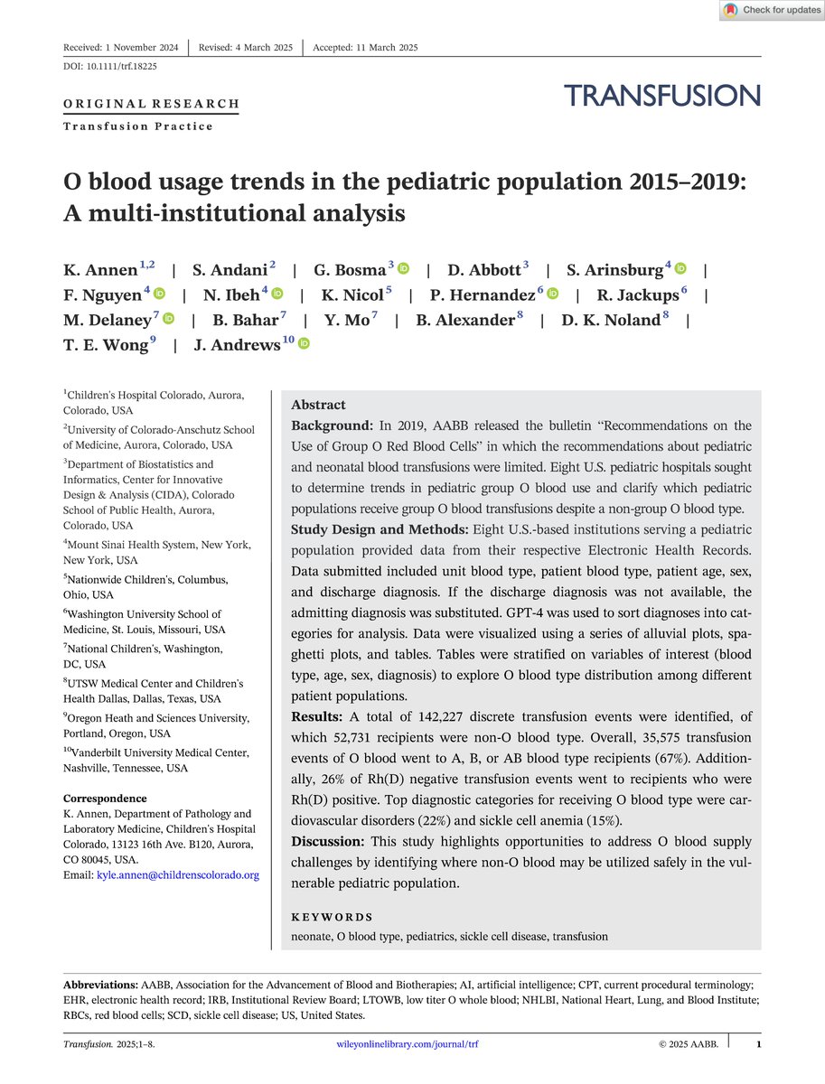 Freddy T. Nguyen, MD, PhD (@freddytn) on Twitter photo New Paper Alert!
Excited to share latest work in <a href="/AABB/">AABB</a> #TransfusionMedicine - multi-institutional analysis of O blood usage trends in pediatrics across 8 U.S. hospitals (2015–2019).
Huge congrats to the phenomenal team who made this possible! #BloodBank
onlinelibrary.wiley.com/doi/10.1111/tr… New Paper Alert!
Excited to share latest work in <a href="/AABB/">AABB</a> #TransfusionMedicine - multi-institutional analysis of O blood usage trends in pediatrics across 8 U.S. hospitals (2015–2019).
Huge congrats to the phenomenal team who made this possible! #BloodBank
onlinelibrary.wiley.com/doi/10.1111/tr…
