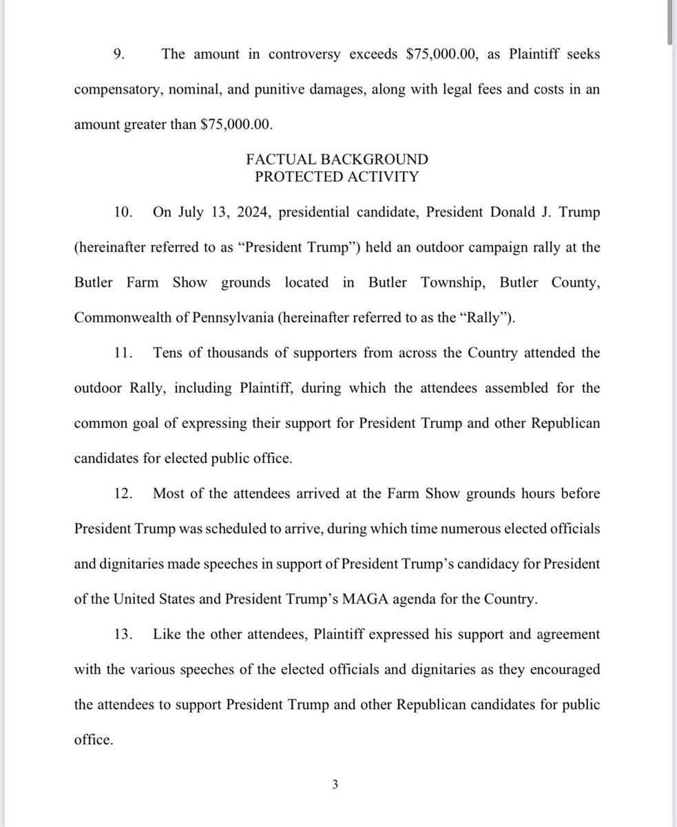 Iron Mountain, Inc. lawsuit filed today in federal court in Pittsburgh.

Allegation: The company fired Clarence Stamm for attending the Trump Butler rally (where Trump got shot)
 because he wore the old company sun visor they gave him. 
<a href="/KDKA/">KDKA</a>