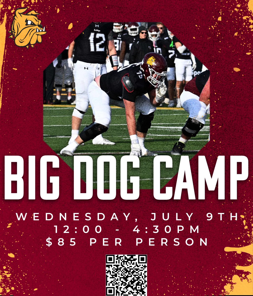 Big Dogs only!! Come show us what you got, and #EarnIt‼️ 

▫️OL/DL Specific Training 
▫️ Combine Testing
▫️ 1 on 1 Competitions

📍University of Minnesota Duluth
📅 July 9th
🔗 bulldogsfootballcamps.totalcamps.com/shop/product/4…