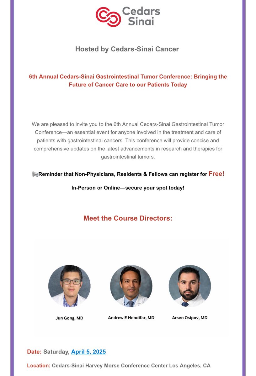 Jun Gong (@jgong15) on Twitter photo Donāt miss outāļøNearly 200 attendees ā”ļø 6th Annual <a href="/CedarsSinai/">Cedars-Sinai</a> GI Tumor Conf w/a stellar line-up of #KOLs <a href="/DrJZell/">Jason Zell</a> <a href="/GarridoLagunaMD/">Ignacio Garrido-Laguna</a> Dr. Picozzi, Dr. Bergsland, Dr. Castillo, <a href="/AGangiMD/">Alexandra Gangi, MD</a> <a href="/DrNickNissen/">Nicholas Nissen</a> <a href="/montypal/">Sumanta K. Pal, MD, FASCO</a>
Sat, April 5, 2025
Register at bit.ly/3Zes72i
<a href="/OncoAlert/">OncoAlert</a> Donāt miss outāļøNearly 200 attendees ā”ļø 6th Annual <a href="/CedarsSinai/">Cedars-Sinai</a> GI Tumor Conf w/a stellar line-up of #KOLs <a href="/DrJZell/">Jason Zell</a> <a href="/GarridoLagunaMD/">Ignacio Garrido-Laguna</a> Dr. Picozzi, Dr. Bergsland, Dr. Castillo, <a href="/AGangiMD/">Alexandra Gangi, MD</a> <a href="/DrNickNissen/">Nicholas Nissen</a> <a href="/montypal/">Sumanta K. Pal, MD, FASCO</a>
Sat, April 5, 2025
Register at bit.ly/3Zes72i
<a href="/OncoAlert/">OncoAlert</a>