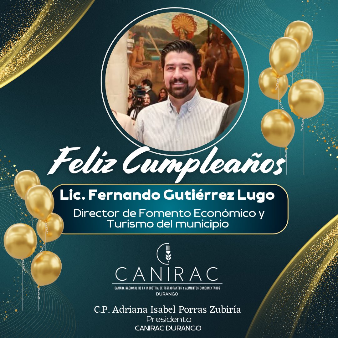 Canirac Durango (@caniracdgo) on Twitter photo Felicitaciones al director de <a href="/DMFEyT_Dgo/">Fomento Económico y Turismo Durango Capital</a> , Lic. Fernando Gutiérrez Lugo, por su cumpleaños y le deseamos un excelente día en compañía de sus seres queridos 🥳
#HBD #Cumpleaños #Dgo # Felicitaciones al director de <a href="/DMFEyT_Dgo/">Fomento Económico y Turismo Durango Capital</a> , Lic. Fernando Gutiérrez Lugo, por su cumpleaños y le deseamos un excelente día en compañía de sus seres queridos 🥳
#HBD #Cumpleaños #Dgo #