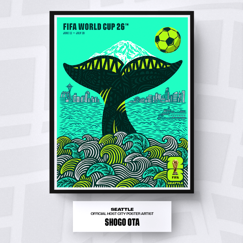 FIFAWorldCup's tweet photo. 🐋🏔️ Introducing the Official #WeAre26 Host City Poster for @FWC26Seattle! 

#FIFAWorldCup