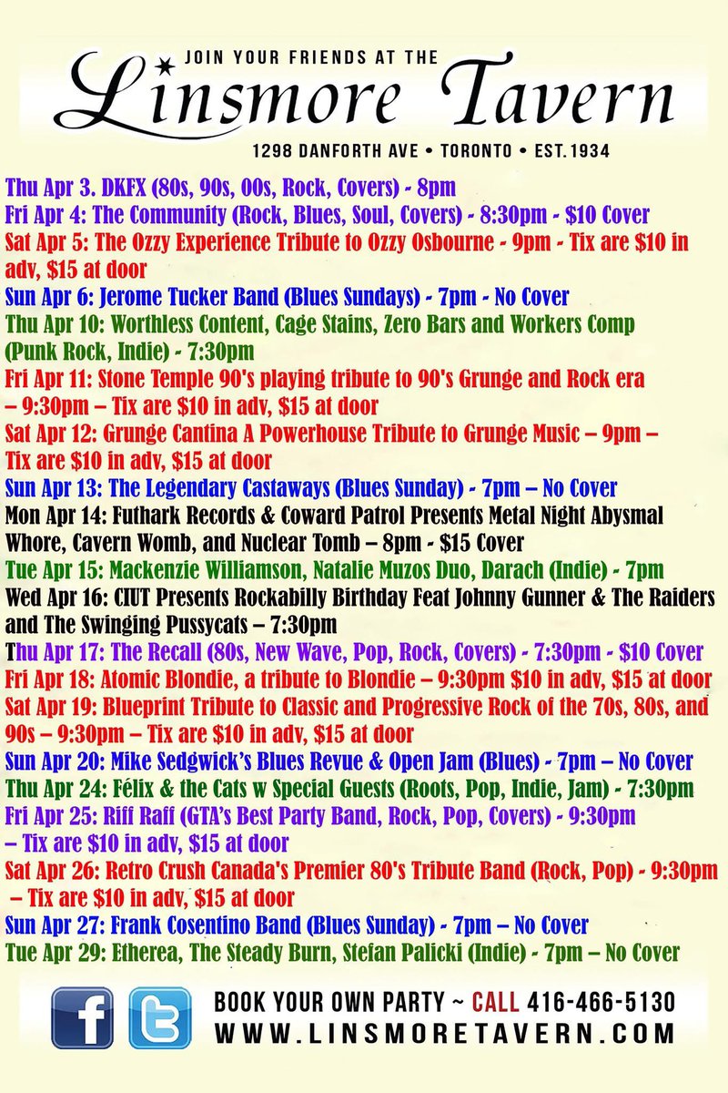 We have an awesome month of music coming up in April at the Linsmore! Check out our schedule down below and please keep supporting live music! <a href="/DanforthTweets/">Danforth Tweets</a> <a href="/DanforthEonline/">Danforth East Online</a> <a href="/nowtoronto/">Now Toronto</a> <a href="/Q107Toronto/">Q107 Toronto</a> <a href="/musiccityTO/">Toronto Music City</a> <a href="/CP24/">CP24</a> <a href="/WhatsUpTOMag/">What's Up Toronto</a> <a href="/TorontoMusic/">Toronto Music Scene</a> <a href="/TorontoEvents/">Toronto Events</a> <a href="/blogTO/">blogTO</a>
