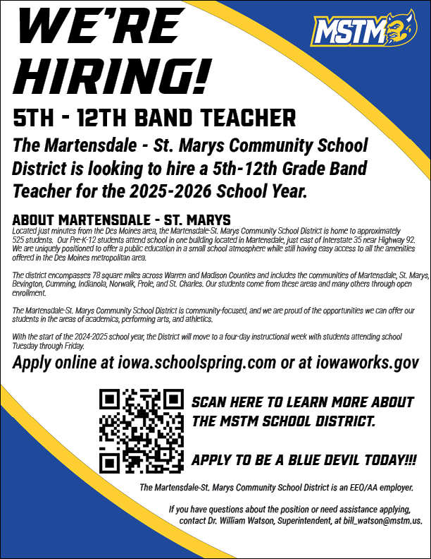MSTMSupt's tweet photo. 𝙒𝙀'𝙍𝙀 𝙃𝙄𝙍𝙄𝙉𝙂!!

The Martensdale - St. Marys Community School District is looking to hire a 5-12 Band Teacher for the 2025-26 School Year.

Apply today at https://t.co/Cj0p8GXmc0 or https://t.co/wtQrxMntZq.

🔗: https://t.co/Piqz0YYrv3

#GoBlueDevils https://t.co/v43H9X2UUQ