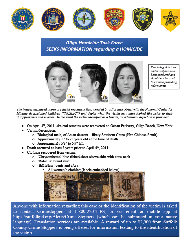 Catch_LISK's tweet photo. #AsianDoe
Fourteen years ago today the remains of Asian Doe were found along Ocean Parkway.
We do not know how Asian Doe self-identified, so it is proper respect to simply say Asian Doe.
This young person is believed to be 17-23 years old, of Southern Chinese descent and stood approximately 5’3”-5’9” inches tall.
Although found in 2011, Asian Doe is believed to have been killed “at least 5 years prior”, 2006 or before, from blunt force trauma to the head.
The skeletal remains were clothed in women’s garments:
‘Chrysantheme’ blue ribbed short-sleeve shirt with crew neck
‘Rafaella’ brand shirt
‘Bill Blass’ pants and a bra
While dozens of #MissingPersons have been submitted for identification comparisons there are no “listed” exclusions on Asian Doe’s aNamUs page, however there are two exclusions not listed on our Doe’s page- they are or were listed on the Missing Person’s page:
YIM YEUNG TSUI
JASON WAYNE DENNIS
Anyone with information regarding this case or the identification of the victim is asked to contact Crimestoppers at 1-800-220-TIPS, or via email or mobile app at https://t.co/BxGyk41fDC (which can be submitted in your native language). Translation services are available. A reward of up to $2,500 from Suffolk County Crime Stoppers is being offered for information leading to the identification of the victim.