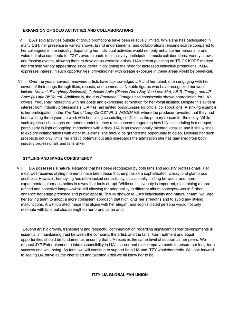 To JYP Entertainment
다음은 ITZY 리아 팬 연합 성명입니다.

FAIR TREATMENT FOR LIA
#LIADeservesBetter <a href="/ITZYofficial/">ITZY</a>
<a href="/jypnation/">JYPnation</a> <a href="/for_midzy/">ITZY SUPPORTERS</a>