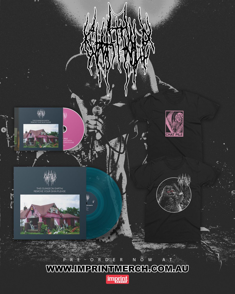 imprintmerch's tweet image. Australian pre-orders up now for the vinyl pressing of @ChatPileBand's "This Dungeon Earth/Remove Your Skin Please", along with the CD version and two tees.
imprintmerch.com.au/collections/ch…