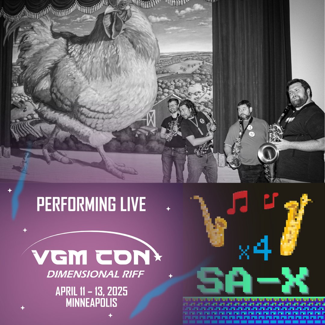 VGMCon's tweet image. 🚨🚨 SA-X class spaceships🚀 have been seen approaching Minneapolis, MN😱 reports say they can hold up to 4 sax players🎷 complete with jazzy🎶 and classical😎 VGM from console classics🕹️ indie games🎮 and more! Join SA-X Quartet and set your course to VGM CON: Dimensional Riff🌌