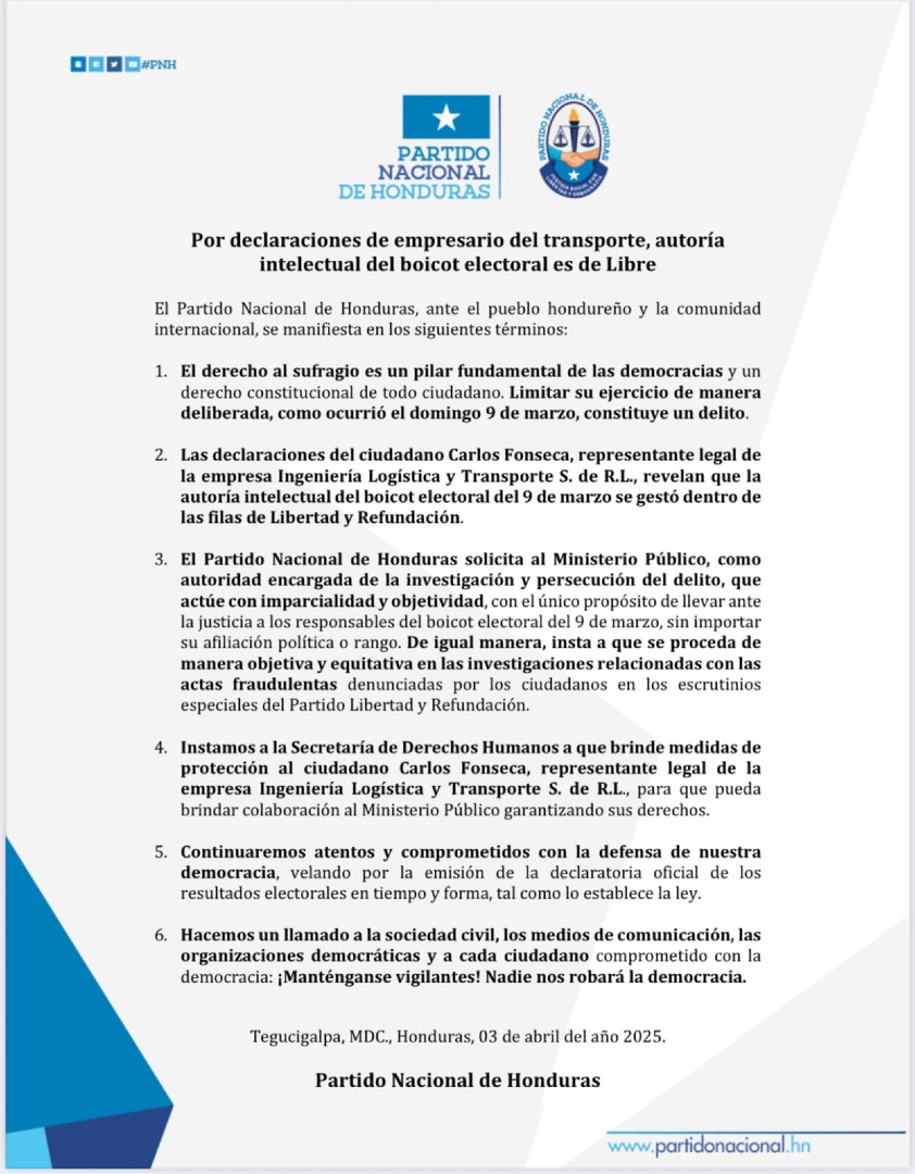"Por declaraciones de empresario del transporte, autoría intelectual del boicot electoral es de LIBRE": Partido Nacional emite comunicado. #RCVNoticias

Ingresa a rcv.hn para más noticias