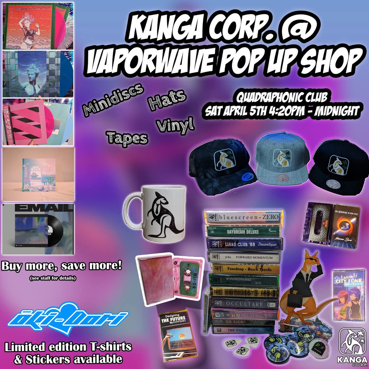 MELBOURNE, YOUR TIME IS NOW

Here's your lineup of what kind of Kanga Corp goodies will be available at the show this saturday with special prices including some freebies!
Friends of KC okidori will be joining us with fresh T-shirts, stickers &amp; more! 
Limited stock,get in quick🦘