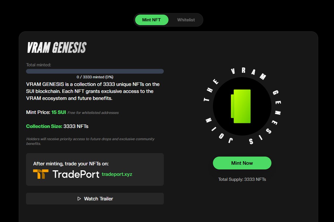 Community_Sui's tweet image. VRAM GENESIS NFT FREE MINT 🥳
📍 vramai.wal.app
▪️ Total: 3333 NFTs
▪️ Whitelist (only 333): 0 SUI - 01 AM UTC, 04th April
▪️ Public: 15 SUI - 02 AM UTC, 04th April
Don't miss this great opportunity! Each NFT grants exclusive access to the VRAM ecosystem and future…