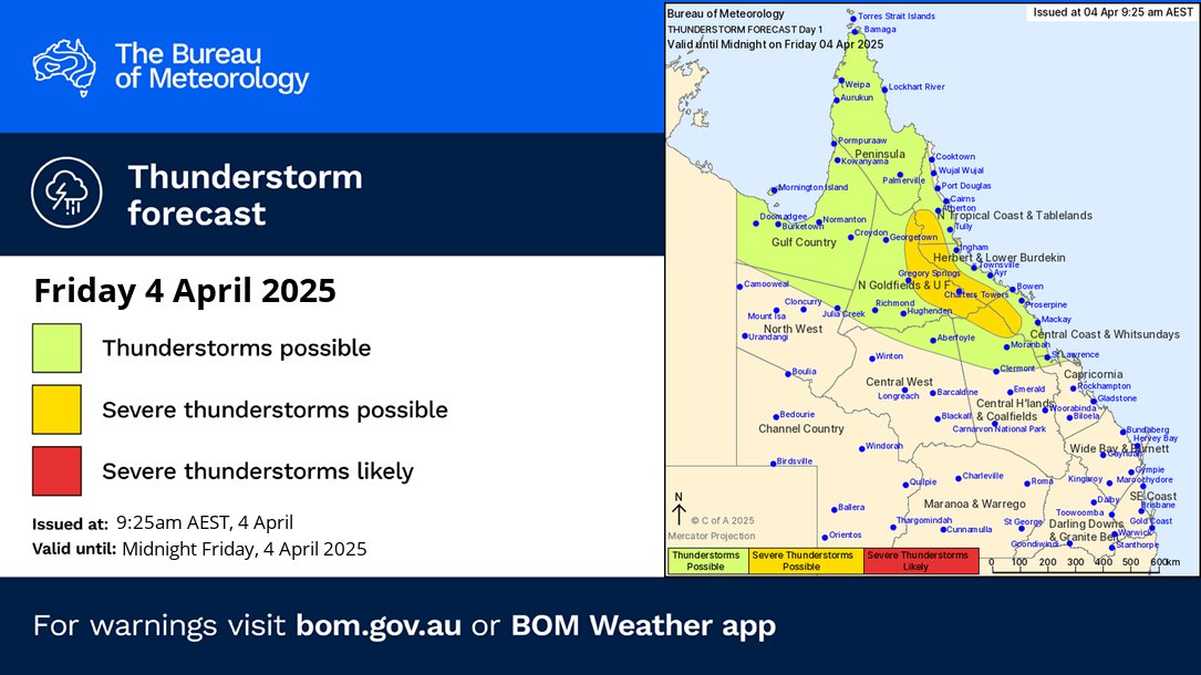 BOM_Qld's tweet image. ⛈️Thunderstorm FORECAST for TODAY (4 Apr):

🟡 Severe storms possible:  northeast inland areas between #Moranbah &amp;amp; #Atherton, including #ChartersTowers
Hazard: Heavy #rainfall

🟢 Non-severe storms possible: northeast of Julia Creek to Clermont

Warnings: bom.gov.au/qld/warnings/