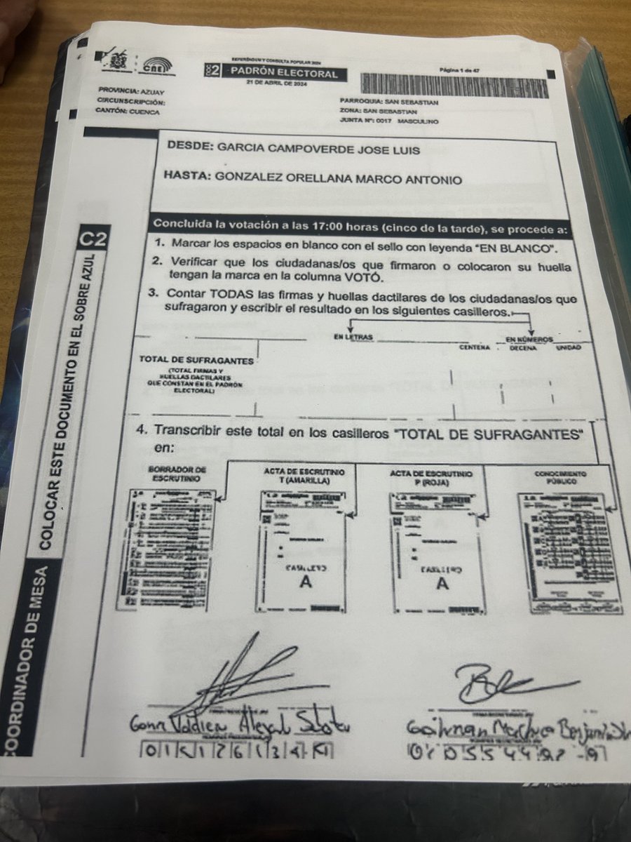 Hoja PADRÓN,lo 1ro que a llenar en la JRV(mesa de votación)a las  5pm. VÉANLA BIEN! Aquí DEBE CONSTAR cantidad exacta de sufragantes- los que votaron efectivamente- sumando la firma o huella dactilar que ponemos todos en el registro. Eso debe constar en acta de escrutinio .