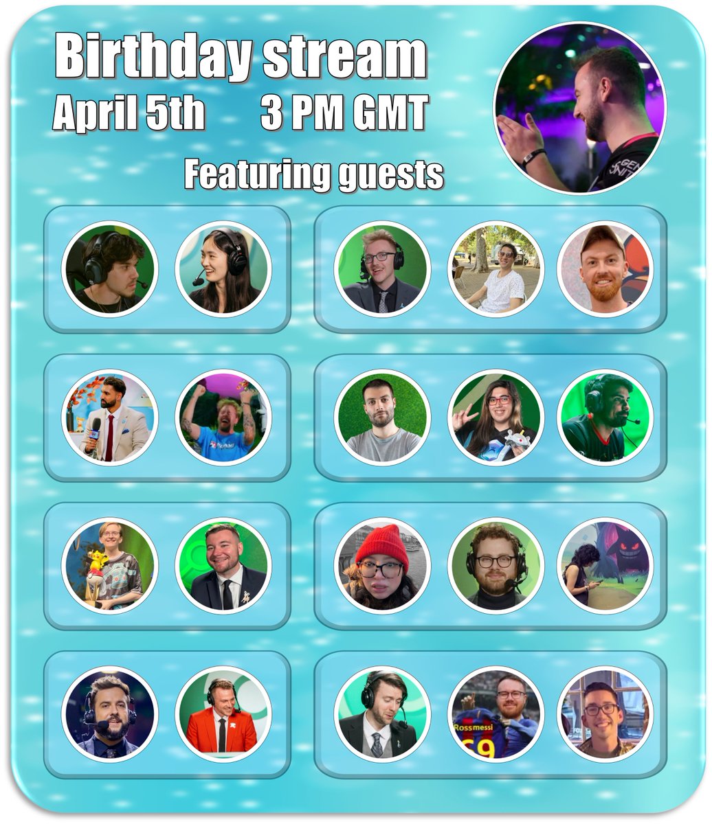 Birthday stream this Saturday!!

Featuring 20 guests and different games - GBL, Golf with friends and Sheep (with a GO fest ticket gift for the winner!!)

Streaming on Twitch and YouTube 🥳