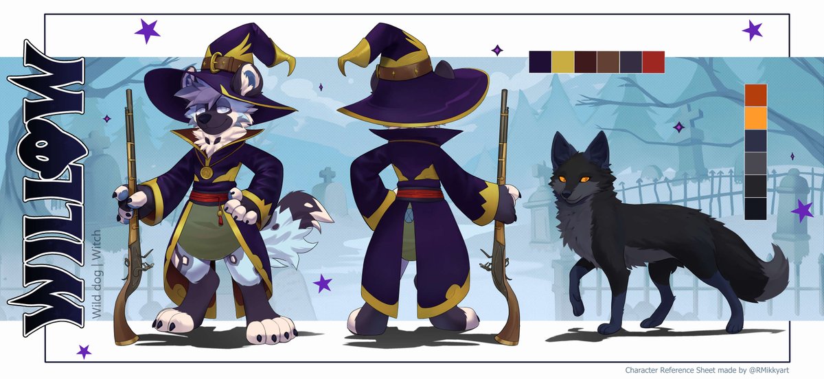 A witch and her familiar, ready for action!
Character outfit reference sheet for <a href="/whateverxequals/">whateverxequals</a>