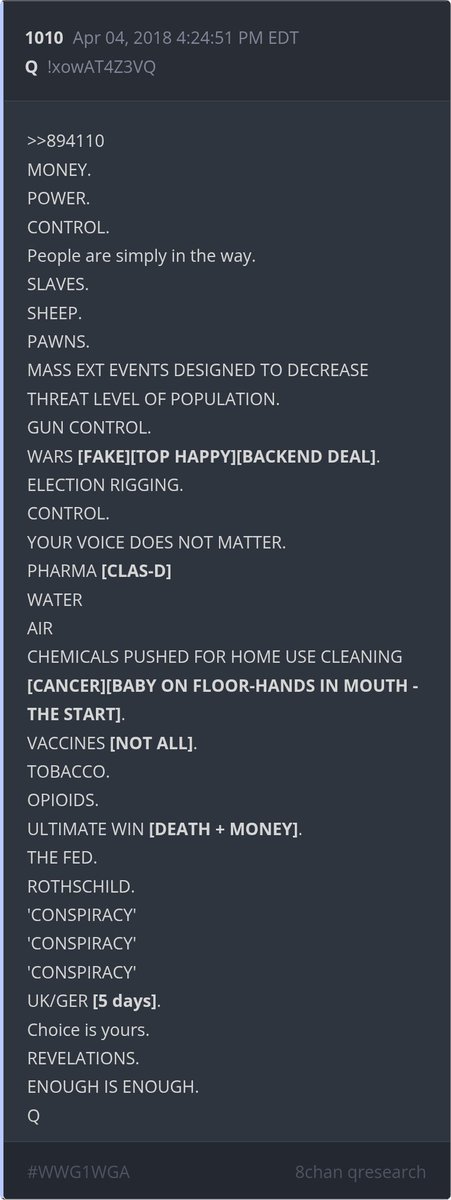 KimWever3's tweet image. 7 yr Deltas-
&amp;gt;&amp;gt;894110
MONEY.
POWER.
CONTROL.
People are simply in the way.
SLAVES.
SHEEP.
PAWNS.
MASS EXT EVENTS DESIGNED TO DECREASE THREAT LEVEL OF POPULATION.
GUN CONTROL.
WARS [FAKE][TOP HAPPY][BACKEND DEAL].
ELECTION RIGGING.
CONTROL.
YOUR VOICE DOES NOT MATTER.
PHARMA…