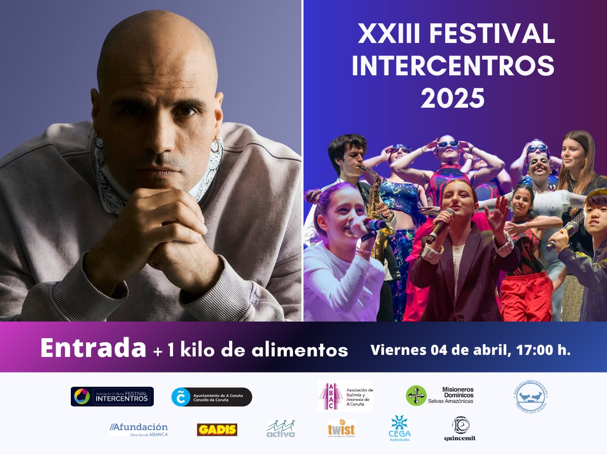 📌#Intercentros2025 Agradecemos la colaboración solidaria del artista "Habló Pablo", quien cerrará la gala Intercentros; el rap también estará presente. Te esperamos hoy, viernes 04 de abril, 17:00 h. COLISEUM. "Entrada + 1 kilo de alimentos". Contamos contigo.