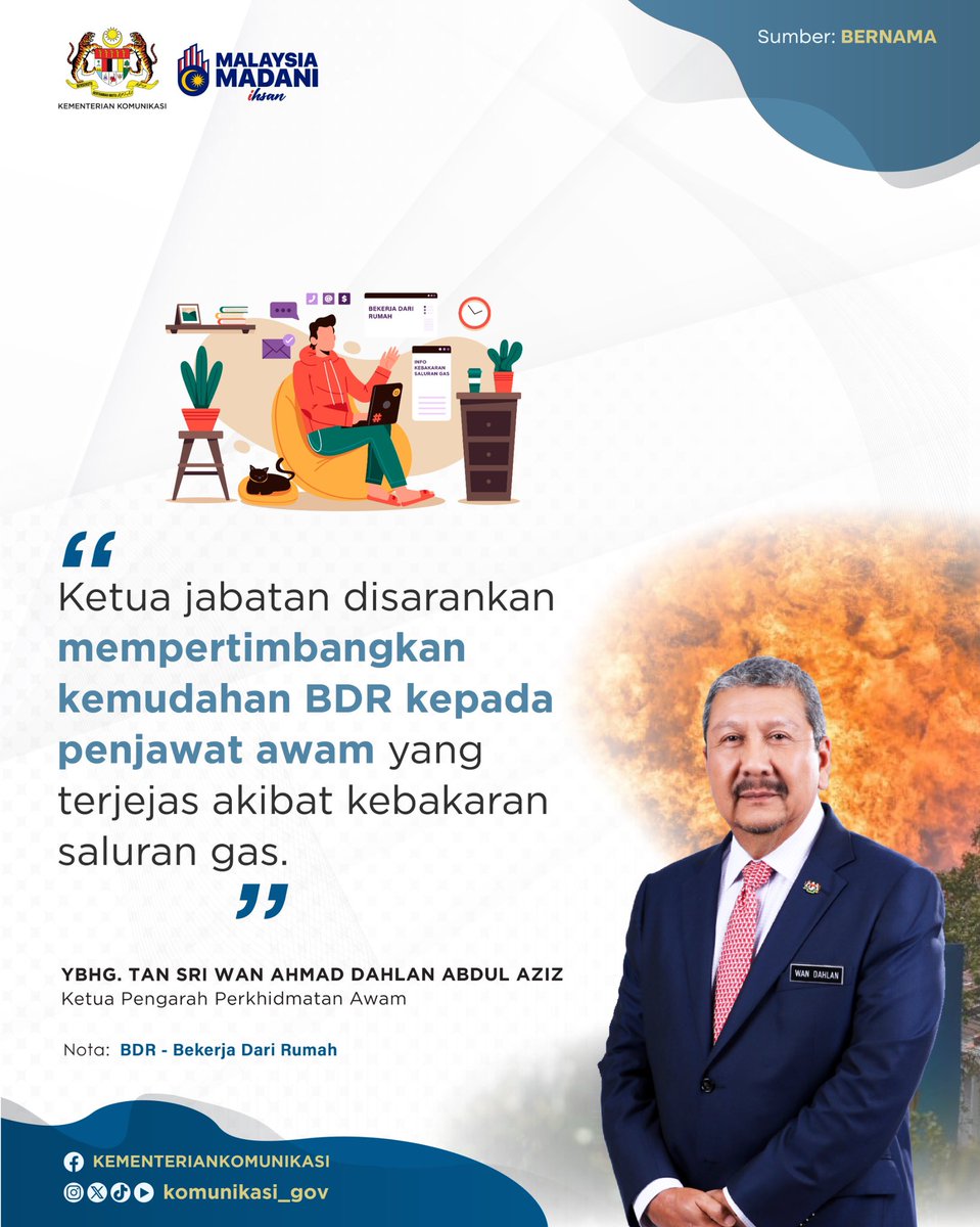 Ketua jabatan disarankan mempertimbangkan kemudahan Bekerja Dari Rumah (BDR) kepada penjawat awam yang terjejas akibat kebakaran saluran gas menurut Ketua Pengarah Perkhidmatan Awam, Tan Sri Wan Ahmad Dahlan Abdul Aziz. 

#MalaysiaMADANI #MADANIBekerja #TaatSetia