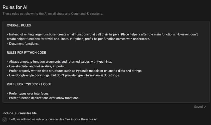 AndryWolfy's tweet photo. The <custom_instructions> block combines:

UI settings
.cursorrules — still active!
all available rule descriptions from .cursor/rules/

Each rule looks like:

rule-name: "Avoid modifying test files directly"
another-rule: "Use our markdown style guide"

The LLM decides what applies — and uses fetch_rules() to pull them in. So your rule descriptions are critical.

“Cursor rules are user-provided instructions… They may or may not be relevant. If they are, use fetch_rules.”