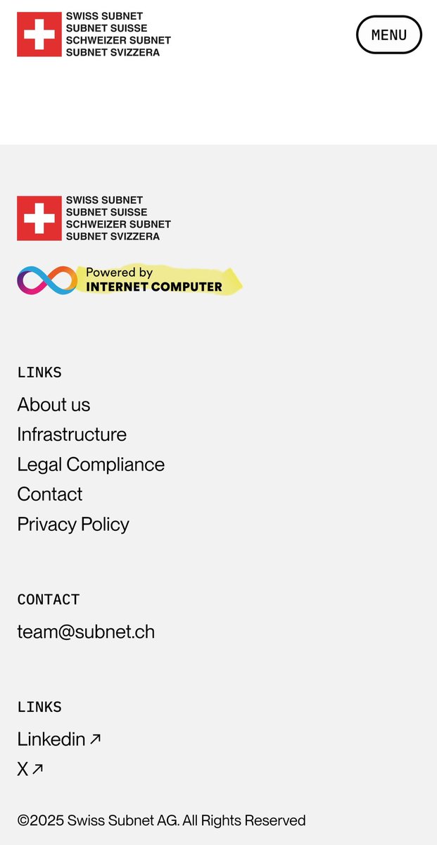 The Swiss Subnet is here. 🇨🇭♾️
Powered by Internet Computer $ICP

Are you paying attention ?
<a href="/SwissSubnet/">Swiss Subnet</a> <a href="/dfinity/">DFINITY Foundation</a>