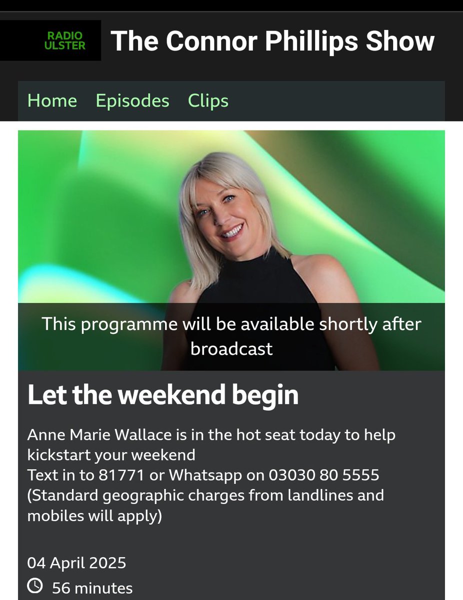 Anne-Marie Wallace (@amwallace_ni) on Twitter photo I'm filling in for <a href="/ConnorPhillips/">Connor Phillips</a> from 1030 today on <a href="/bbcradioulster/">BBC Radio Ulster</a> <a href="/BBCRadioFoyle/">BBC Radio Foyle</a>
Chatting to Leanne Quigley, winner of The Traitors and we've a full on 70s disco at 1130 xx I'm filling in for <a href="/ConnorPhillips/">Connor Phillips</a> from 1030 today on <a href="/bbcradioulster/">BBC Radio Ulster</a> <a href="/BBCRadioFoyle/">BBC Radio Foyle</a>
Chatting to Leanne Quigley, winner of The Traitors and we've a full on 70s disco at 1130 xx