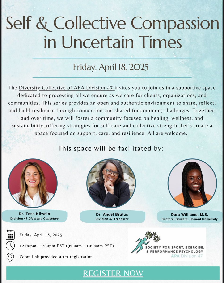 APA Division 47 (@apadivision47) on Twitter photo APA Div47ās Diversity Collective invites you to join us for our second personal & communal care space onĀ Friday, April 18th at 12p ET.
All are welcome! To reserve your spot, register here: docs.google.com/forms/d/e/1FAIā¦
Questions? Contact Dr. Tess Kilwein atĀ tess.m.kilwein@gmail.com. APA Div47ās Diversity Collective invites you to join us for our second personal & communal care space onĀ Friday, April 18th at 12p ET.
All are welcome! To reserve your spot, register here: docs.google.com/forms/d/e/1FAIā¦
Questions? Contact Dr. Tess Kilwein atĀ tess.m.kilwein@gmail.com.