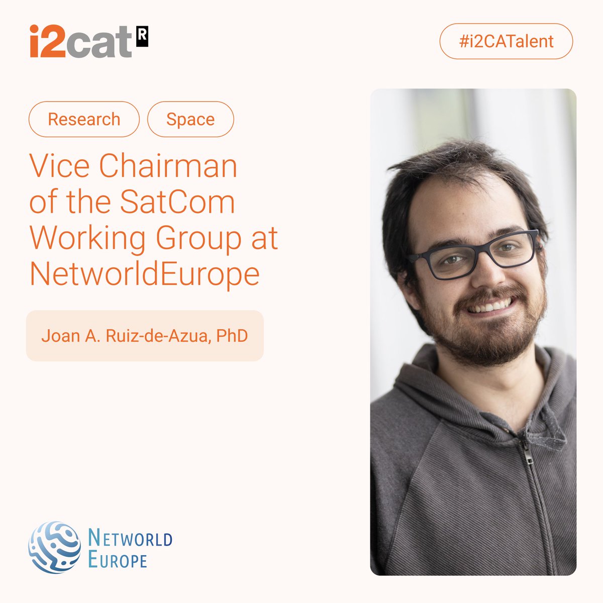 i2CAT's tweet image. 📢 #i2CATalent | The #SpaceComms Group Director, Joan A. Ruiz-de-Azua, is the new SatCom Working Group Vice Chairman at @NetworldEurope! 🛰️🌍

ℹ️NetworldEurope promotes the Strategic R&amp;amp;I Agenda (SRIA), which provides a clear roadmap for the @EU_Commission R&amp;amp;I programmes.