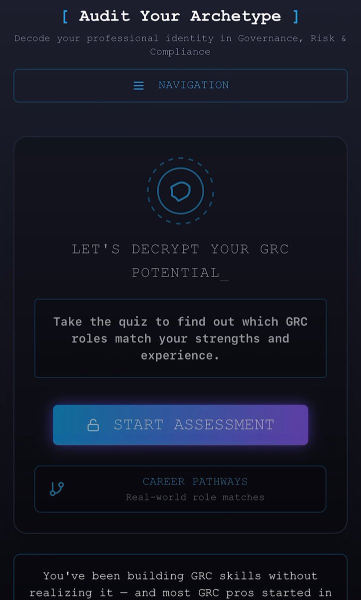 truly_AD's tweet photo. Soft launching here first 🙈

https://t.co/r1WZw6put5 helps you discover where you fit in GRC: risk, compliance, privacy, audit, AI governance, and more .

Take the quiz, explore career paths, and get a head start . https://t.co/QgViiP16qQ