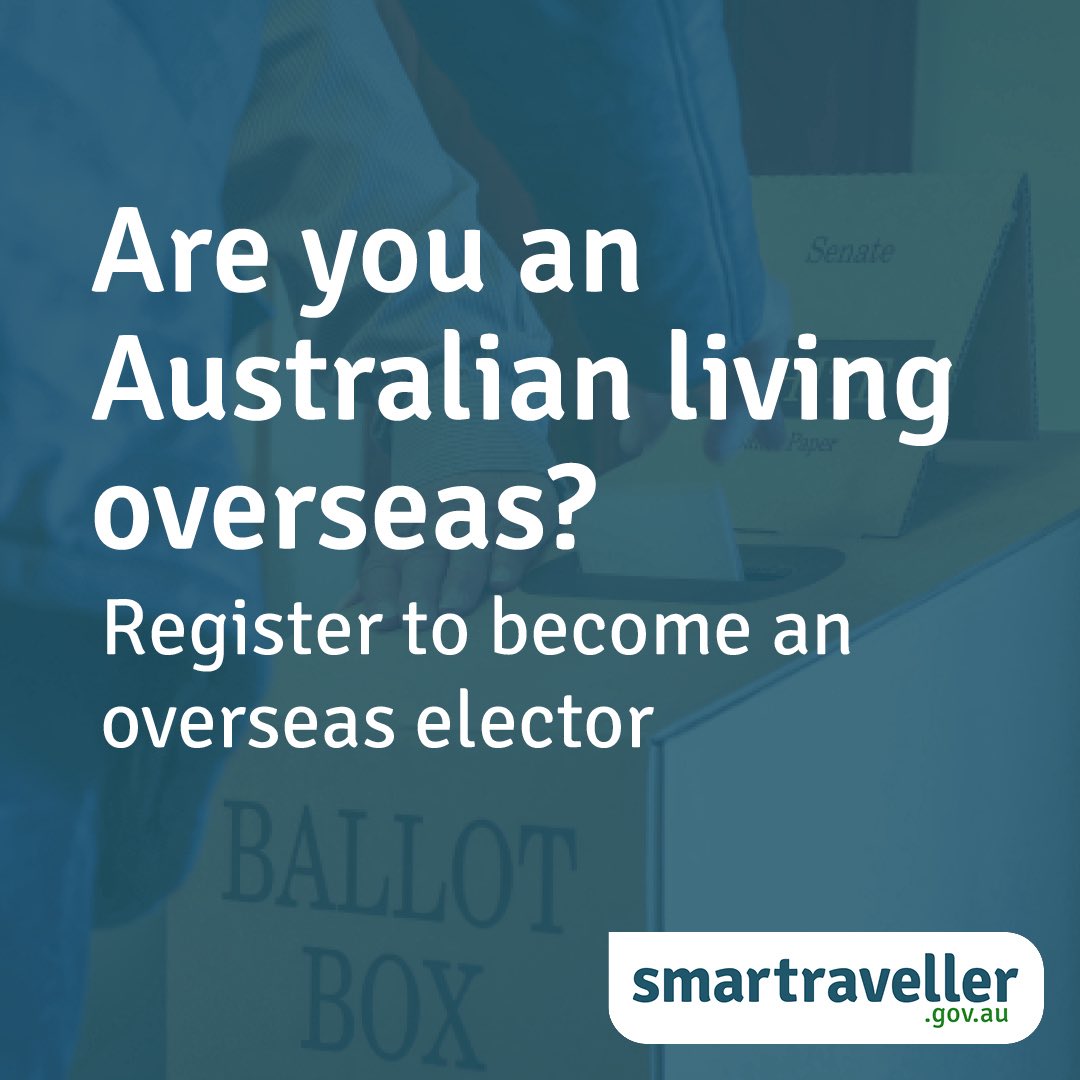 Overseas? You can apply to be registered as an overseas elector. If you’re travelling overseas for a short period and will be unable to vote, complete an overseas notification form.

More info: aec.gov.au/overseas/enrol…

Authorised by the Electoral Commissioner, Canberra