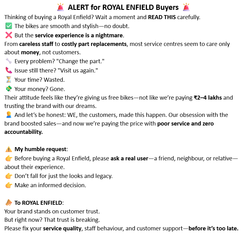 OneloveSuman's tweet image. ✊ Share this post. Let’s spread awareness.
#RoyalEnfield #CustomerAlert #BikeServiceIssues #ThinkBeforeYouBuy #HonestReview #RoyalEnfieldProblems #Allbikers #royalenfieldservice
#royalenfieldpoorsupport