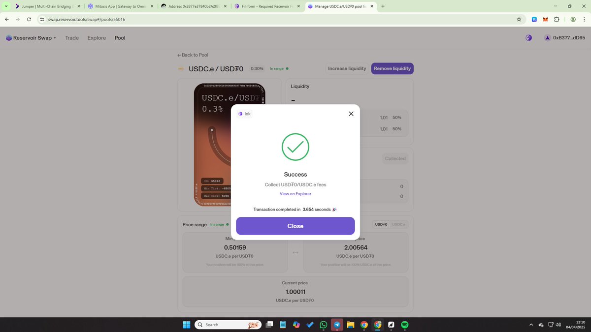achieledan's tweet photo. just claimed small fees on usdce/usdt0 pool on @RelayProtocol with @inkonchain https://t.co/SlRJUzzxxC