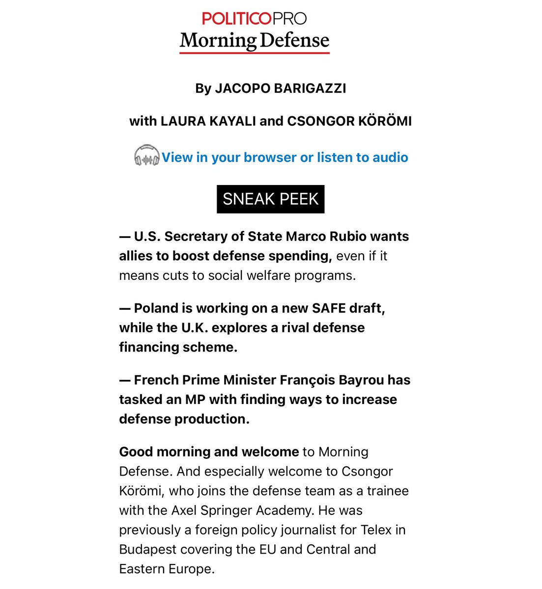 After nine months on the Breaking News desk, I joined <a href="/POLITICOEurope/">POLITICOEurope</a>’s Defense team this week. Follow us with <a href="/LauKaya/">Laura Kayali</a> and <a href="/jacopobarigazzi/">jacopo barigazzi</a> for the latest scoops in this booming field!