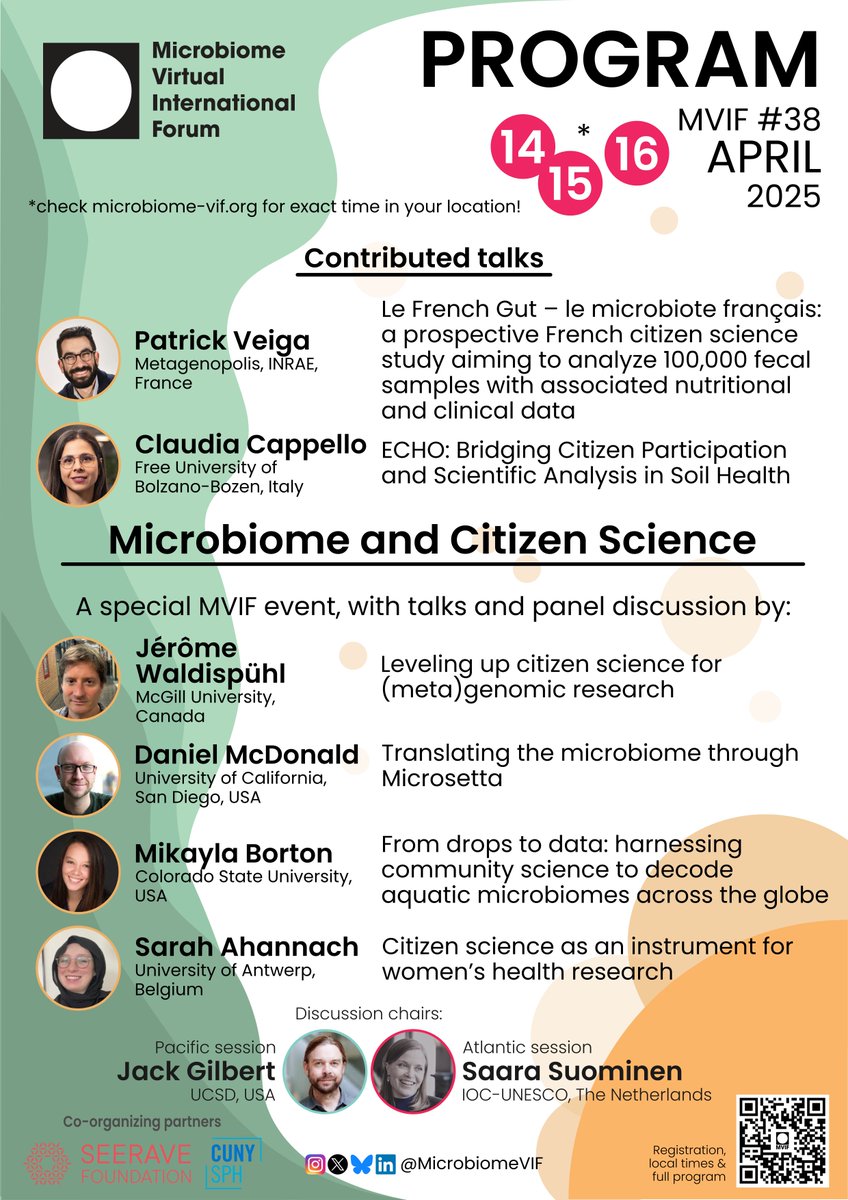 Microbiome Virtual International Forum (@microbiomevif) on Twitter photo It’s Friday
...and a new #MVIF program is out!
Register: cassyni.com/s/mvif-38
⭐️Contributed talks:
🇫🇷<a href="/veiga_pat/">patrick veiga</a>
🇮🇹Claudia Cappello
⭐️Keynote:
🇨🇦Jérôme Waldispühl (<a href="/mcgillu/">McGill University</a>)
🇺🇸Daniel McDonald (<a href="/UCSanDiego/">UC San Diego</a>)
🇺🇸<a href="/jmikayla7/">Mikayla A. Borton</a>
🇧🇪<a href="/S_Ahannach/">Sarah Ahannach</a>
Moderators:
🇳🇱<a href="/s_suominen/">Saara Suominen</a>
🇺🇸<a href="/gilbertjacka/">Jack A Gilbert (he/him/his)</a> It’s Friday
...and a new #MVIF program is out!
Register: cassyni.com/s/mvif-38
⭐️Contributed talks:
🇫🇷<a href="/veiga_pat/">patrick veiga</a>
🇮🇹Claudia Cappello
⭐️Keynote:
🇨🇦Jérôme Waldispühl (<a href="/mcgillu/">McGill University</a>)
🇺🇸Daniel McDonald (<a href="/UCSanDiego/">UC San Diego</a>)
🇺🇸<a href="/jmikayla7/">Mikayla A. Borton</a>
🇧🇪<a href="/S_Ahannach/">Sarah Ahannach</a>
Moderators:
🇳🇱<a href="/s_suominen/">Saara Suominen</a>
🇺🇸<a href="/gilbertjacka/">Jack A Gilbert (he/him/his)</a>
