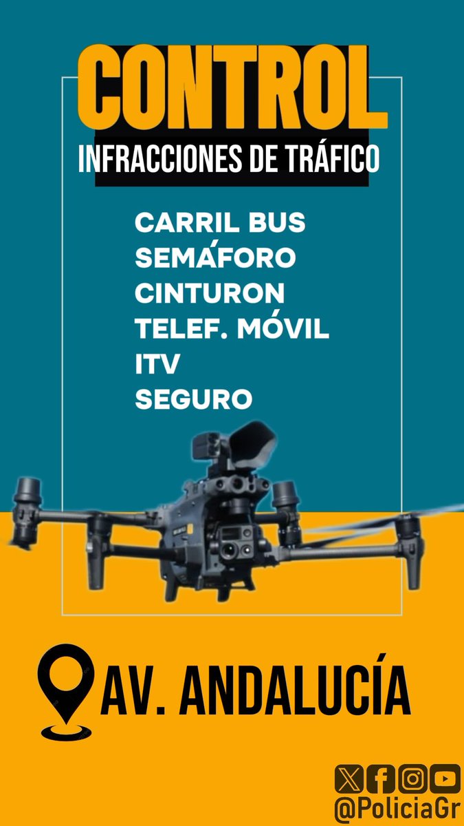 📢AVISO‼️
A partir de las 08:30 horas, control de tráfico con dron en Av. Andalucía sentido entrada de ciudad.
Nuestra #UnidadHalcón controlará carril bus, semáforo, uso del cinturón y teléfono móvil, ITV y seguro obligatorio.