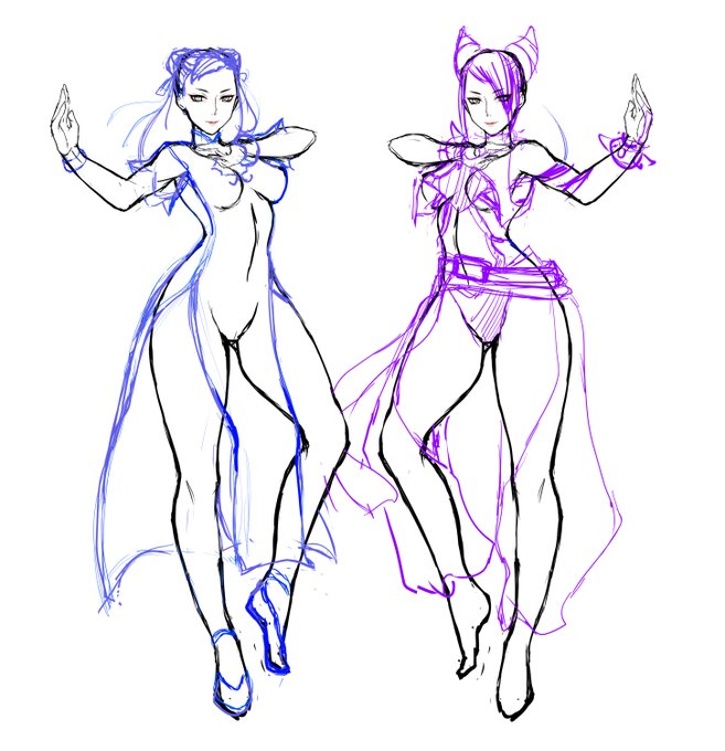 前に描いていた落書き。春麗とジュリ…ではなくジュリのコスプレした春麗です。春麗描いている時なんか着せれそうと思って書いてみました。この二人のペアは大好き。可愛い。尊い。 #ストリートファイター6 #スト6 #春麗 #ジュリ