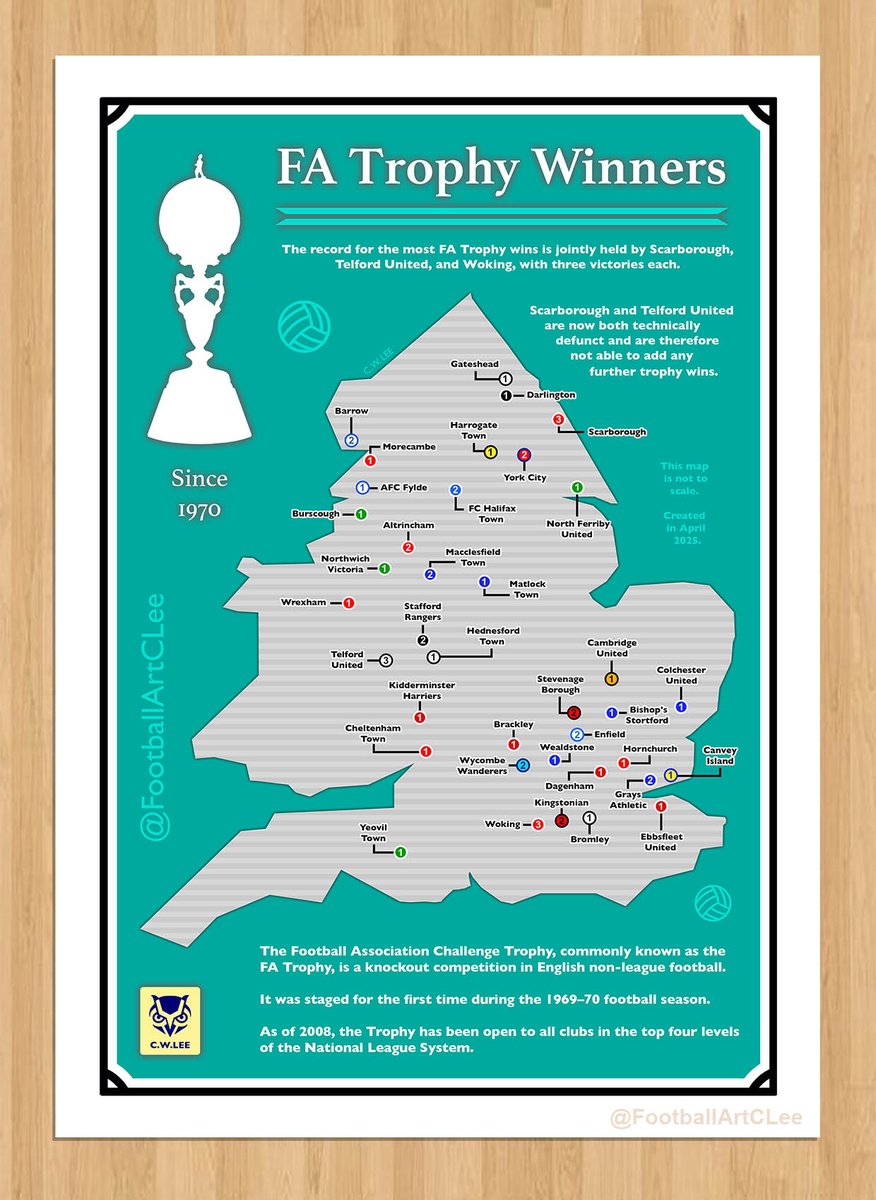 FA Trophy Winners Map

It's the #FATrophy semi-finals this weekend.

Are #Woking on their way to a record 4th title?

Or will there be a new name on the trophy in May.... #Aldershot, #Rochdale or #Spennymoor?

#TheShots #RAFC #WokingFC #Moors #TelfordUtd #ycfc #Scarborough
