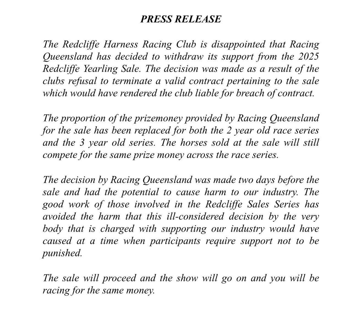 📄Press Release regarding the Redcliffe Yearling Sale 📄