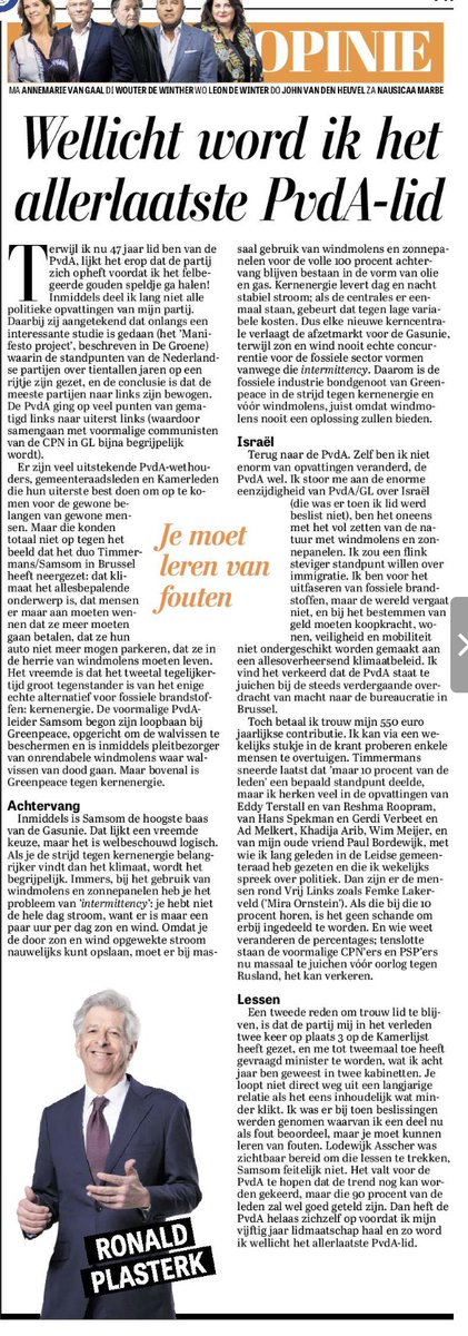 Leest allen het uitstekend betoog van <a href="/RPlasterk/">Ronald Plasterk</a> tegen leeghoofd <a href="/F__Timmermans/">Frans Timmermans</a>  <a href="/jesseklaver/">Jesse Klaver</a> , de communisten in <a href="/Groenlinks/">GroenLinks</a> en andere windmolens die de #PvdA  willen opheffen. Ook opportunist Samson krijgt een veeg uit de pan. #Goedemorgen