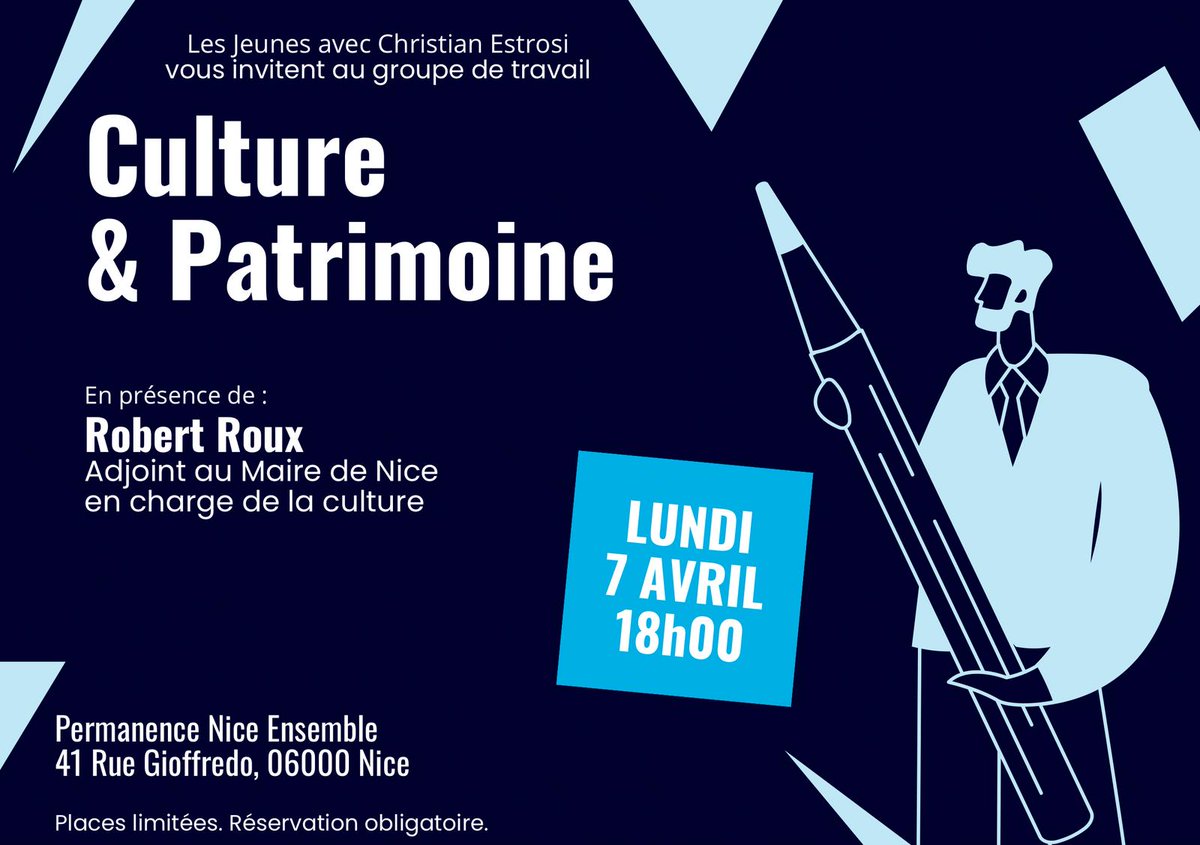 Evan Delomme 🇪🇺 (@edelomme) on Twitter photo Tu es jeune et tu veux t'engager ? 💪🏻
Rendez-vous lundi 7 avril pour participer au groupe de travail Culture & Patrimoine, pour participer à la ville de #Nice06 de demain 🎭🖼️ 🏛️
<a href="/avec_estrosi/">Jeunes avec Estrosi</a> Tu es jeune et tu veux t'engager ? 💪🏻
Rendez-vous lundi 7 avril pour participer au groupe de travail Culture & Patrimoine, pour participer à la ville de #Nice06 de demain 🎭🖼️ 🏛️
<a href="/avec_estrosi/">Jeunes avec Estrosi</a>