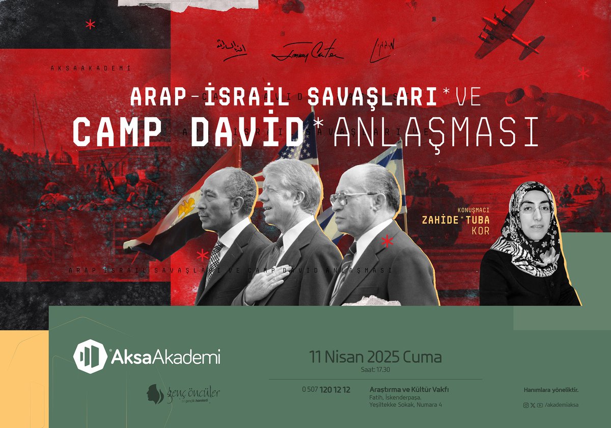 Aksa Akademi bahar döneminde  dışarıya açık derslerimiz devam ediyor! 💫

Bu hafta konuk edeceğimiz Zahide Tuba Kor'dan "Arap İsrail Savaşları ve Camp David Anlaşması" başlığını dinleyeceğiz.

#aksaakademi #mescidiaksa #birdirilishareketi