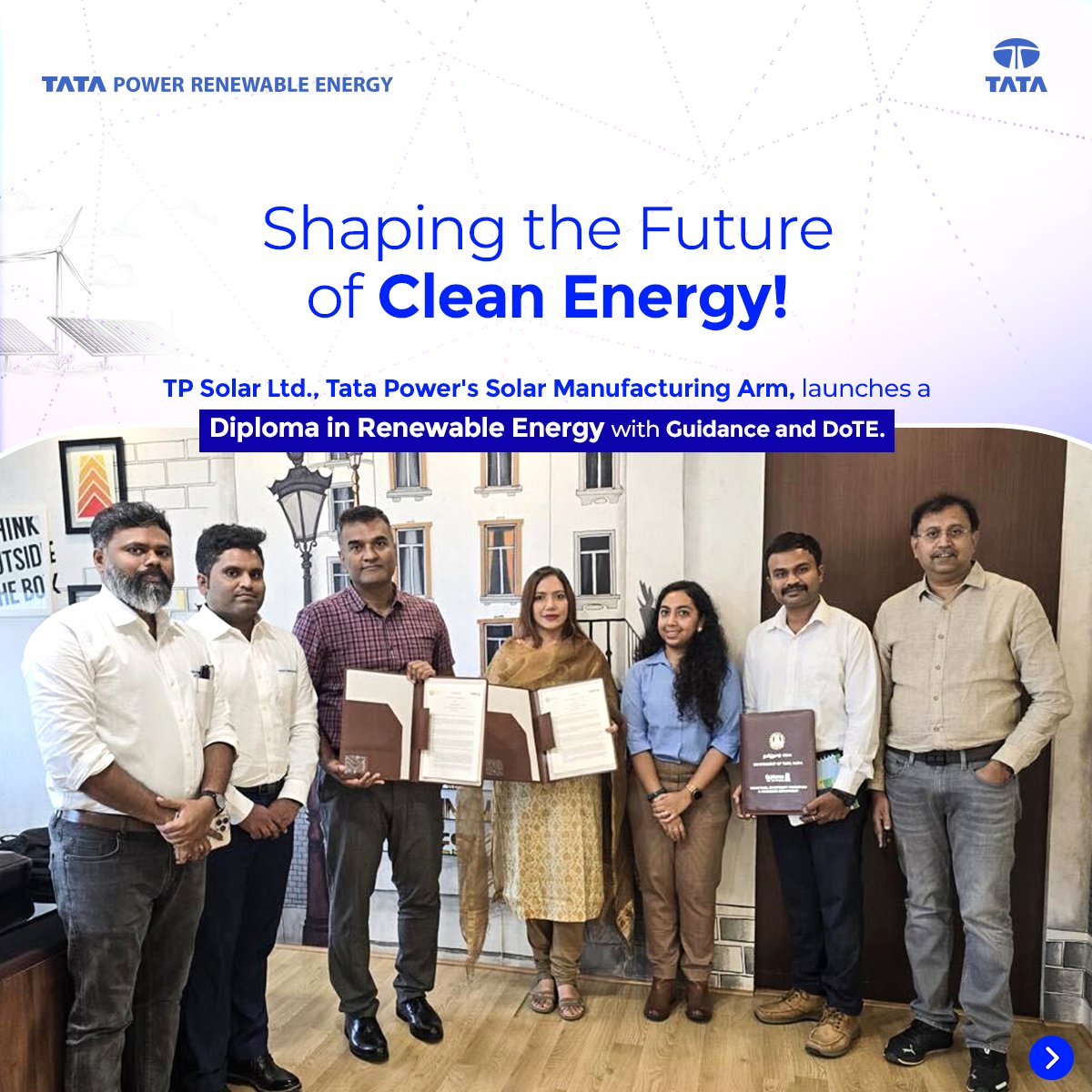 _TPREL_'s tweet image. TP Solar Limited, Tata Power’s Solar Manufacturing Arm, has partnered with Guidance Tamil Nadu &amp;amp; DoTE to launch the Diploma in Renewable Energy, a pioneering initiative aimed at developing a skilled workforce for India’s fast-growing clean energy sector.