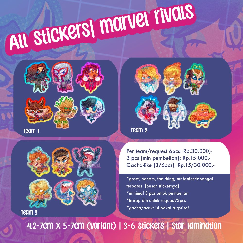 starpruit's tweet image. RT and share are appreciated✨(indo only)
Sticker dan pin rivals sudah ter-up Di shopee!!
Terbaru Jeff, ironfist, winter s, punisher, roles (tank, healer, dps) dan masih banyak lagi 😁👍!
Pin: id.shp.ee/Ch151vi
Sticker: id.shp.ee/LToq1no