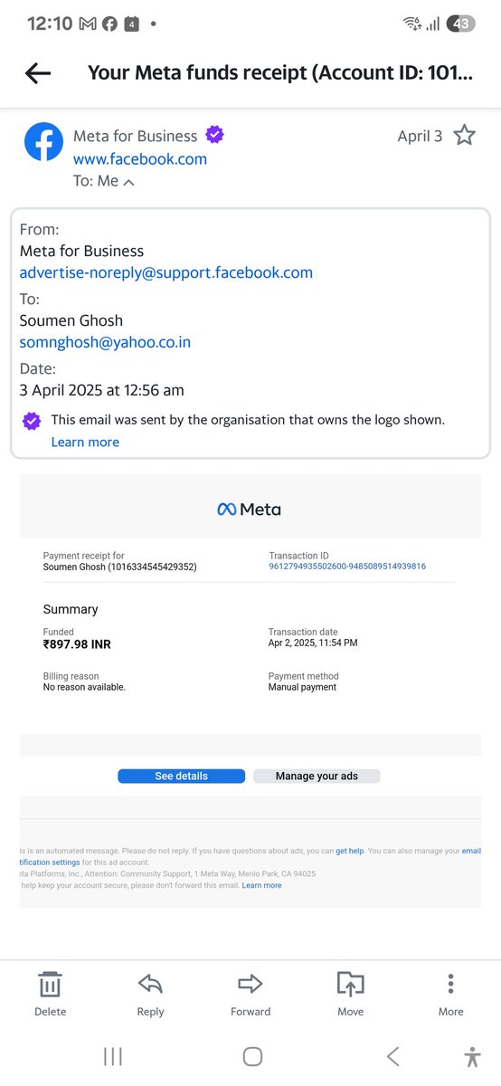 somnghosh's tweet photo. @OwnerFacebook @facebook @Meta @MetaforDevs by mistake I made a payment of Rs. 897.98 and you sent an email to receieved the amount without any reason but no.option provided to request for return or connecting you guys for refund. Transaction derails: https://t.co/WZ17Z264CC https://t.co/3ujuY83pxH