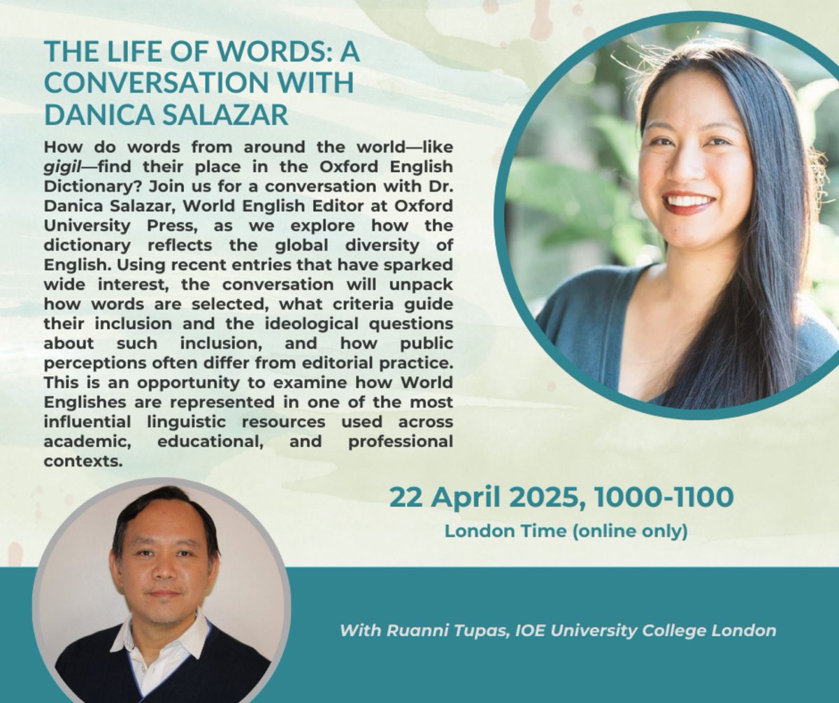 Pleased to invite you all to this conversation with Dr Danica Salazar, World English Editor at Oxford University Press.

Istoryahanay Ta!

Registration Link:

eventbrite.co.uk/e/the-life-of-…