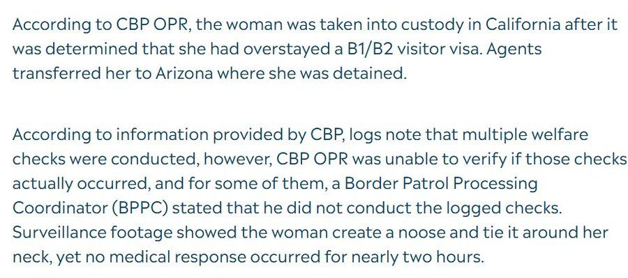 WOW. CBP's internal affairs department determined that a Chinese woman arrested by Border Patrol for visa overstay hung herself in a cell and was not found for two hours, even though written records reported multiple welfare checks (a suggestion the records were falsified?).