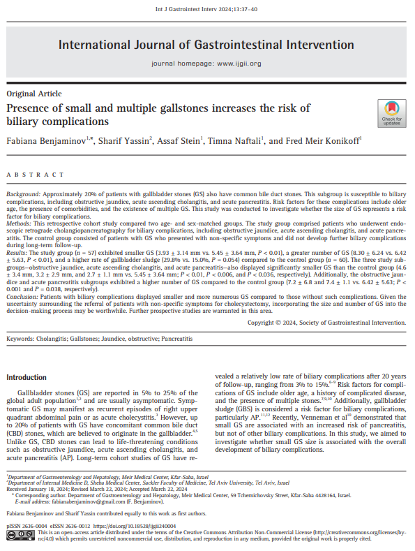 IJGII_SGI's tweet image. Presence of small and multiple gallstones increases the risk of biliary complications
doi.org/10.18528/ijgii…
#Cholangitis #Gallstones #Jaundice #obstructive #Pancreatitis