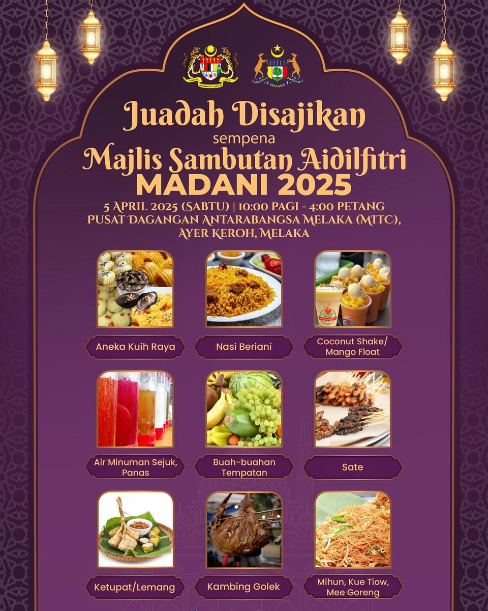 Majlis Sambutan Aidilfitri MADANI 2025 bersama YAB Perdana Menteri Peringkat Kebangsaan akan berlangsung pada 5 April 2025 (Sabtu), bermula pukul 10.00 pagi - 4.00 petang di Pusat Dagangan Antarabangsa Melaka (MITC), Ayer Keroh, Melaka.
