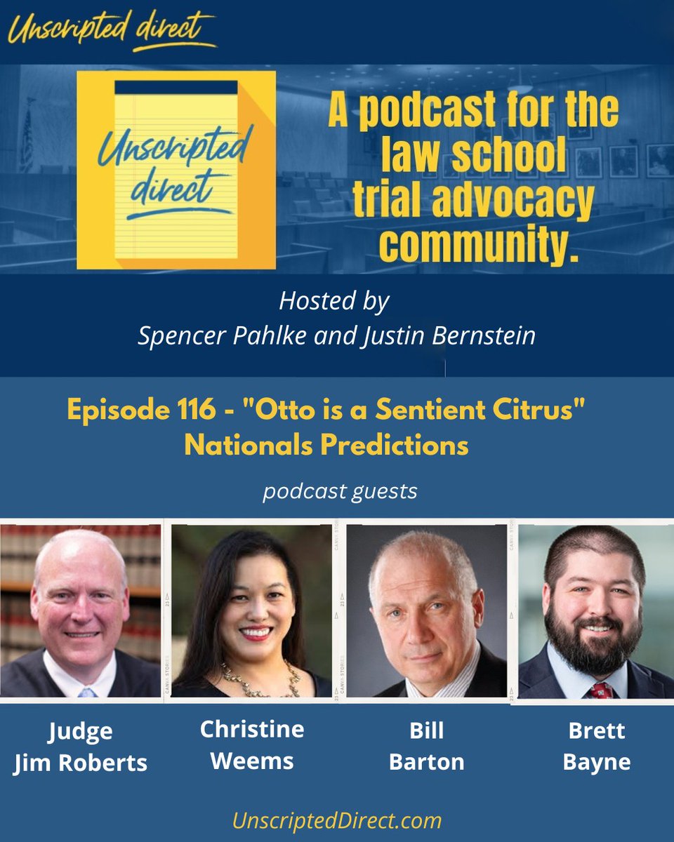 Unscripted Direct Trial Advocacy Podcast (@unscripteddx) on Twitter photo On this week's podcast, we have Hall of Fame Trial Lawyer, Bill Barton + American Mock Trial Association's National Championship Tournament Predictions with South Carolina Law's Brett Bayne and Cumberland Law's Judge Jim Roberts + <a href="/UHLAW/">UH Law Center</a>'s Christine Weems
buzzsprout.com/1834655/episod⦠On this week's podcast, we have Hall of Fame Trial Lawyer, Bill Barton + American Mock Trial Association's National Championship Tournament Predictions with South Carolina Law's Brett Bayne and Cumberland Law's Judge Jim Roberts + <a href="/UHLAW/">UH Law Center</a>'s Christine Weems
buzzsprout.com/1834655/episodā¦