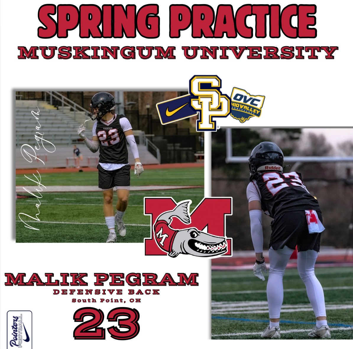 Former SP Player Malik Pegram participated in Muskingum University's Spring Practice last week. Malik was a consistent starter for the Muskies last season. Malik is one of several players who return to SP over the summer to continue his training and assist with our DB &amp; WR’s